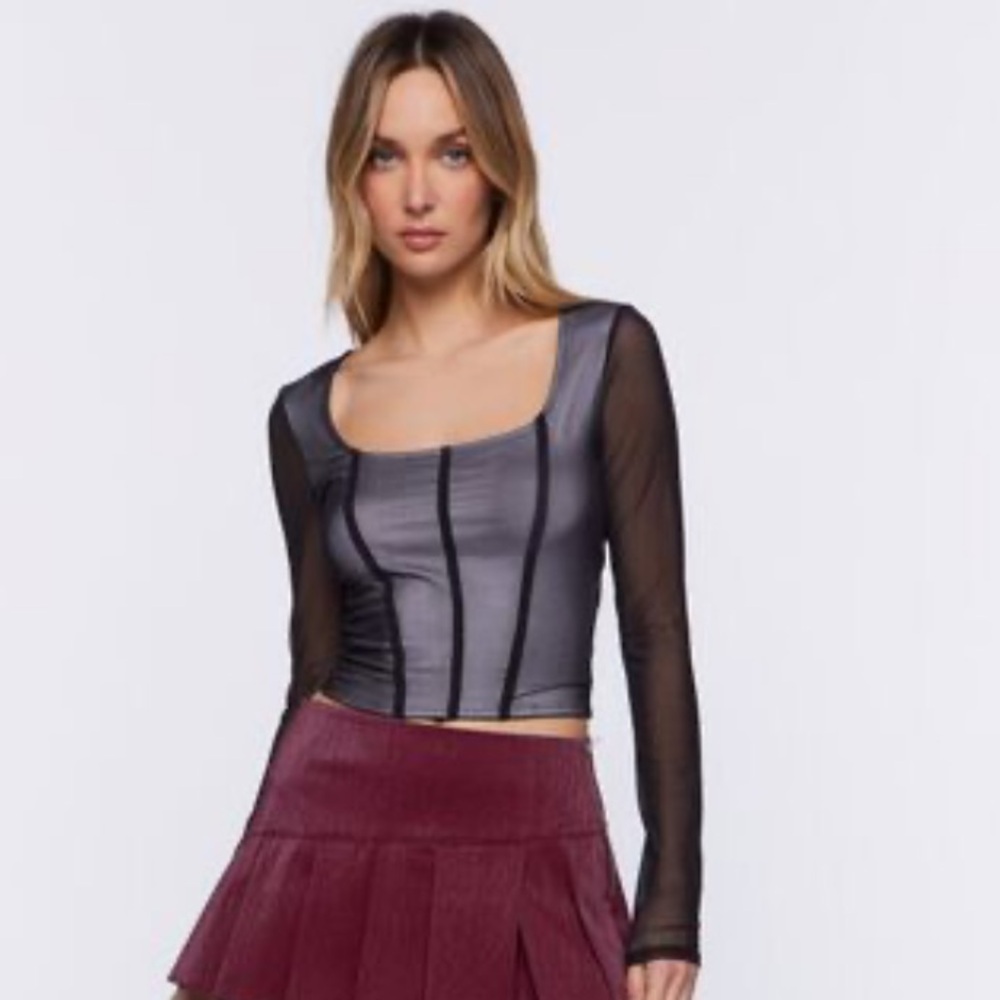 NWOT - Grey And Black Sheer Mesh Seamed Long Sleeve Top